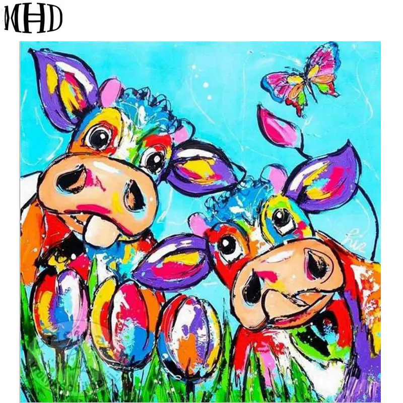 

MHD New 3D Diamond Cross Stitch Cow, Watercolor Diamond Two Cattle, Round and Full Diamond, Diamond Inlay, DIY Decoration