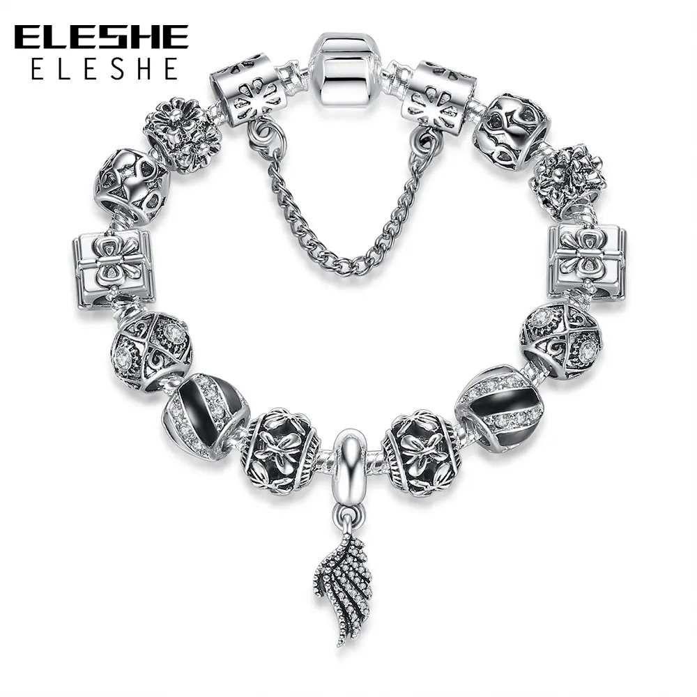 

Vintage Tibetan Silver Charm Bracelet with Feather Pendant & Cubic Zirconia Beads Friendship Bracelets for Women DIY Jewelry