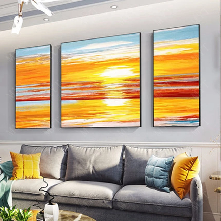 

Modern Abstract, 3 Fight Orange Seascape, Wall Art Hand-Drawn Oil Painting, Canvas Oil Painting