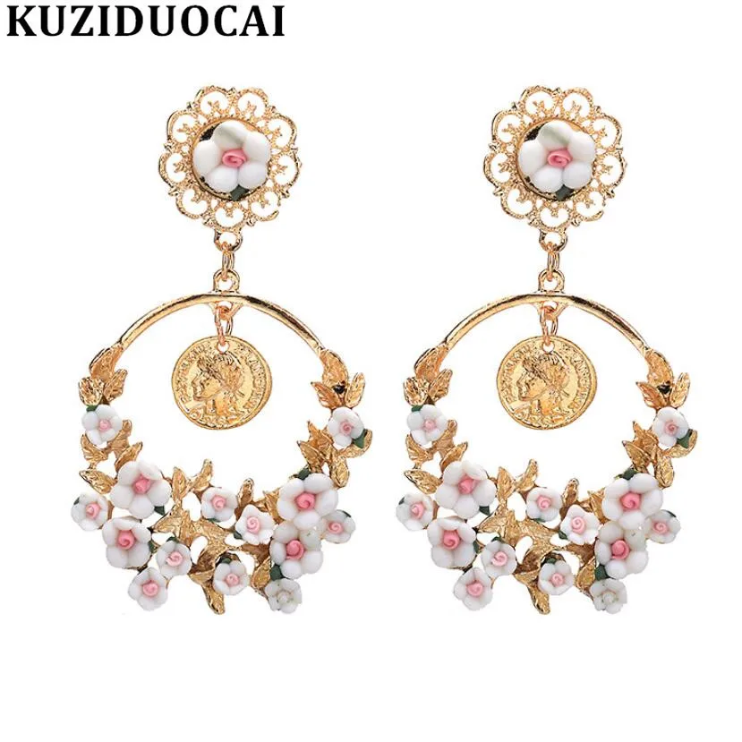 

Kuziduocai New Fashion Jewelry Boho Flowers Big Circle 6 Colors Statement Drop Earrings For Women Brincos Aretes Bijoux A-154