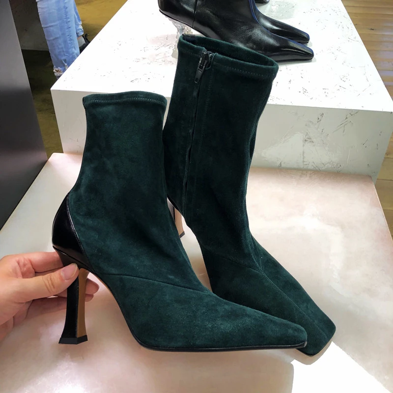 

Ins Hot Spring Autumn Shoes Woman Vintage Ankle Boots Square Toe Stretch Suede Side Zip Woman Boots Runway High Heels Boots Tide