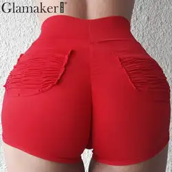 Glamaker элегантные красные карманы шорты с высокой талией женские Летние баски повседневные Тонкие нижние женские облегающие черные красные