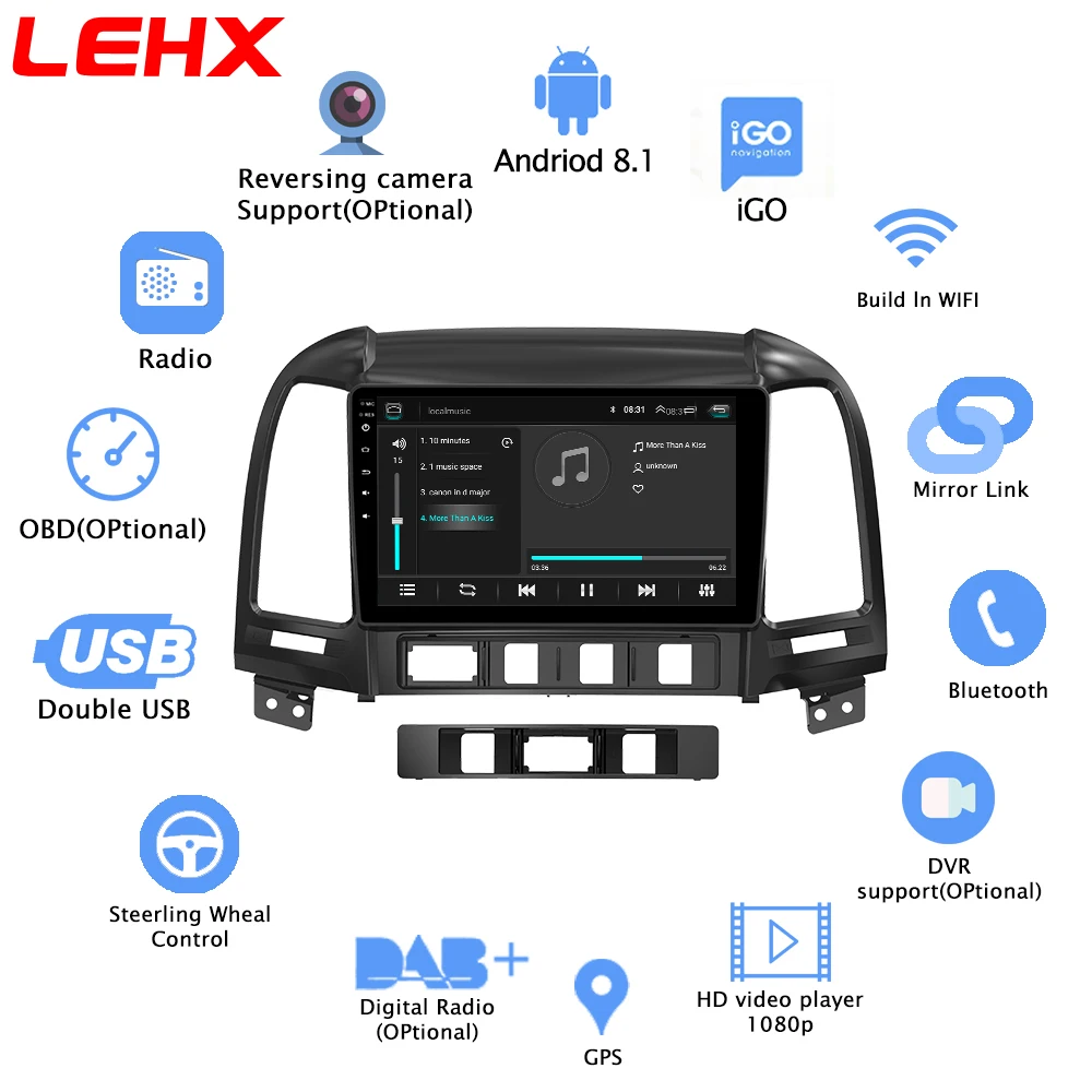 LEHX Автомагнитола Android 8,1 2 Din мультимедийный плеер для hyundai Santa Fe 2005-2012 wifi автомобильный DVD Gps навигация