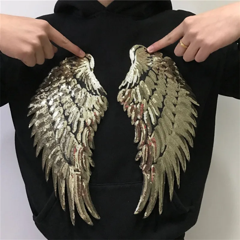 

IDFIAF 1 Pair Fashion Gold/Silver Wings Sequins Patches For Clothing Iron-on Embroidered Patch Motif Applique DIY Accessories