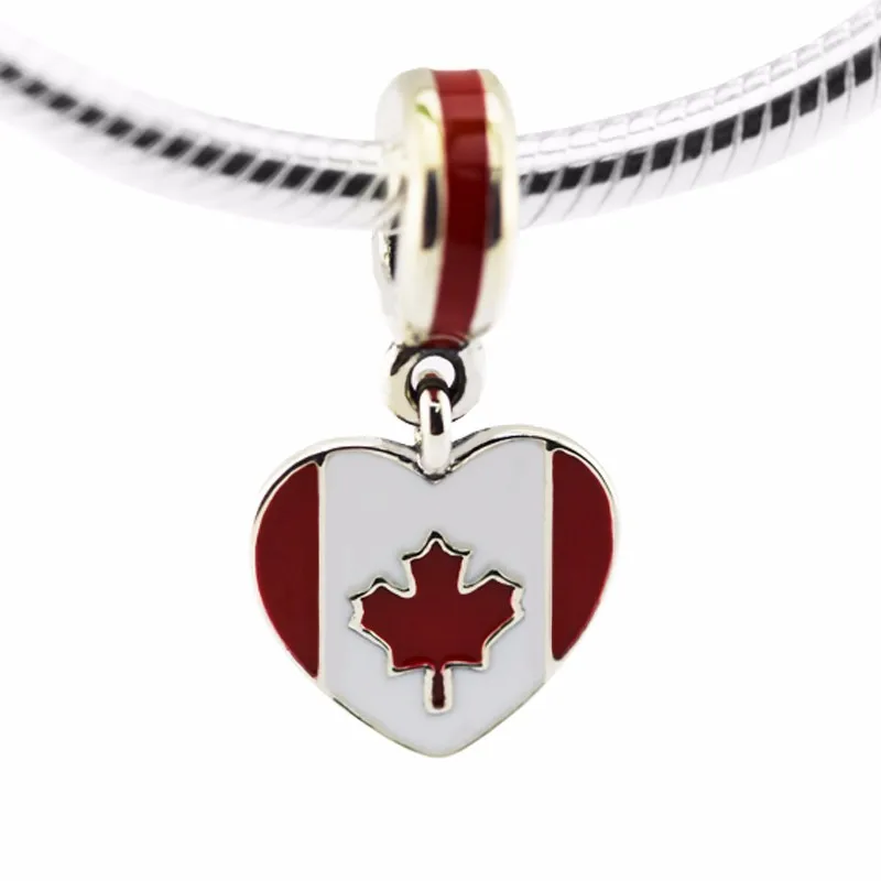 Canadian Maple Leaf Flag Beads Fit Silver Charm Bracelet & Necklace 925