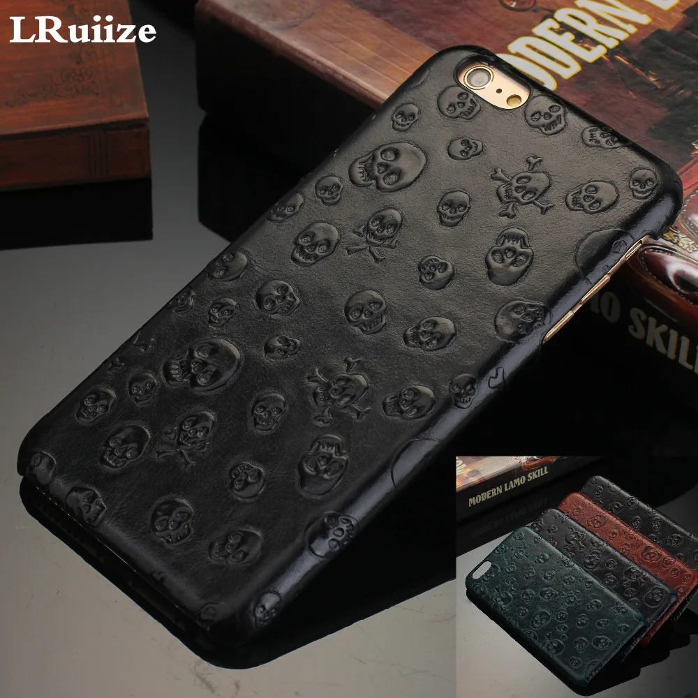 

LRuiize Natural Real Genuine Cow Leather Slim Cover Case For iPhone 8 7 6s/Plus 5s SE 3D Case Horror Pirates Skulls Phone Cases