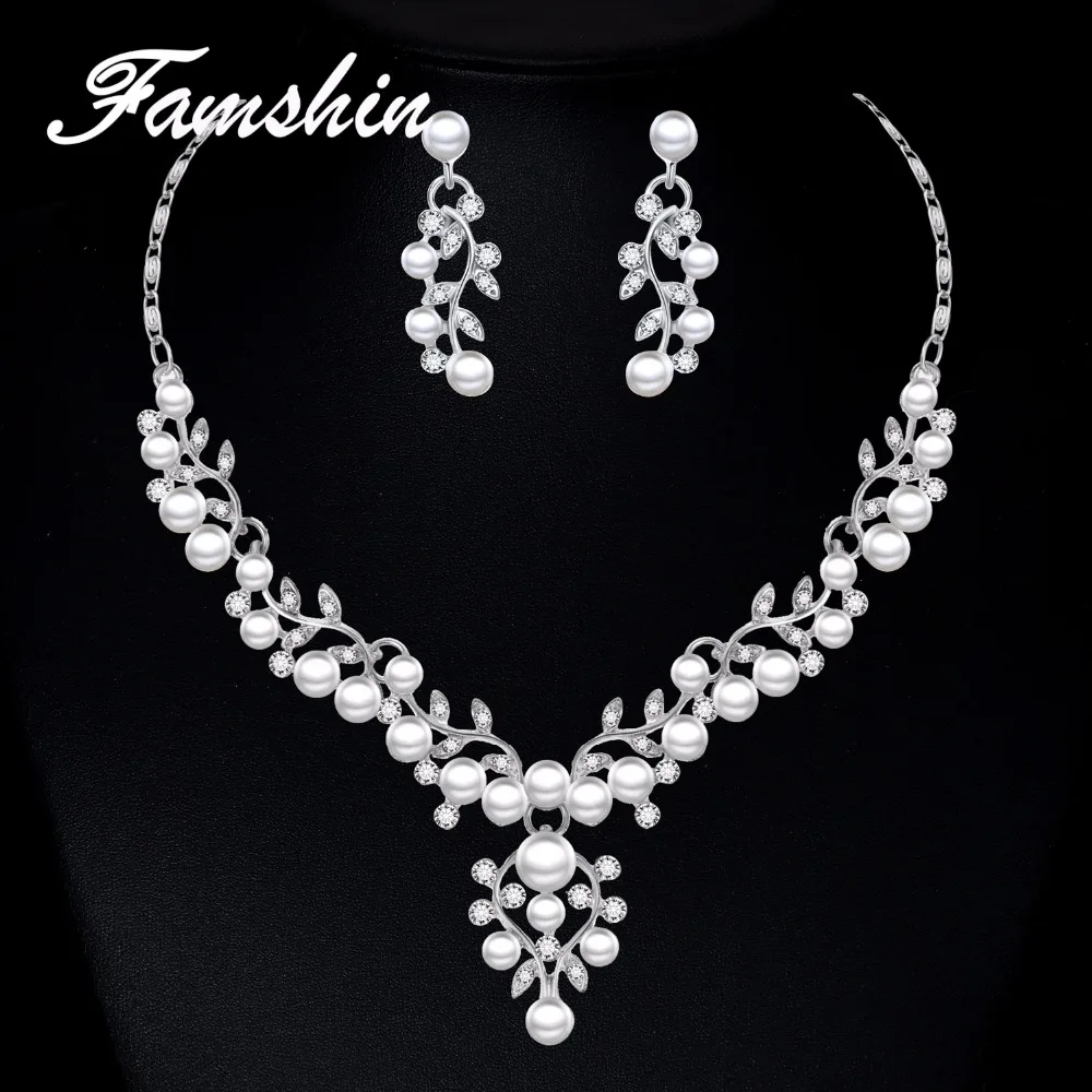 

FAMSHIN Wedding Women Jewelry Sets 2018 Fashion Simulated Pearl Women Crystal Flower Necklace Earring Set Party bijoux Leaf Sets