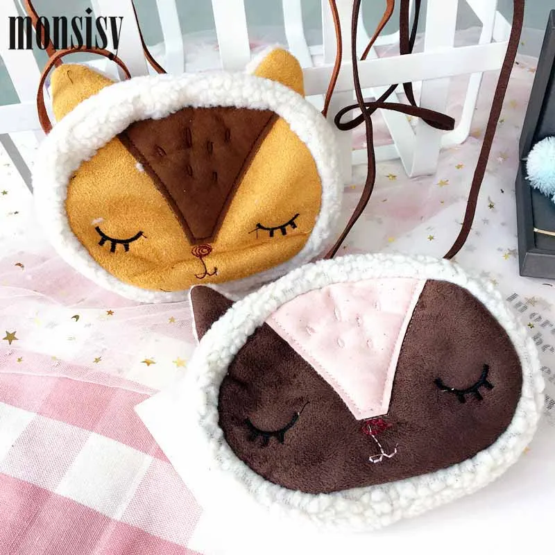 

Monsisy Christams 5PCS Winter Girl Wool Bag Baby Coin Purse Handbag Children Wallet Cartoon 3D Animal Fox Kid Shoulder Bag Gif