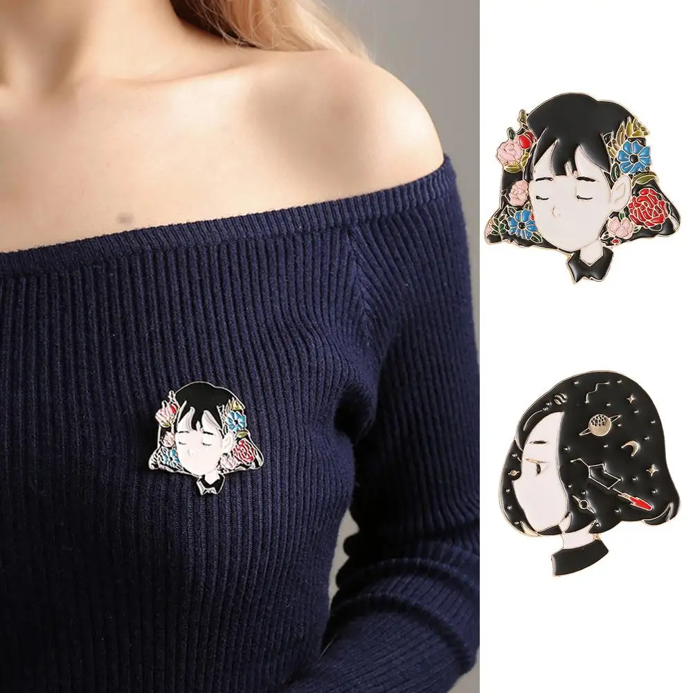 

Fashion Women Cute Cartoon Girl Portrait Enamel Brooch Pin Jeans Coat Shawl Jewelry Decoration