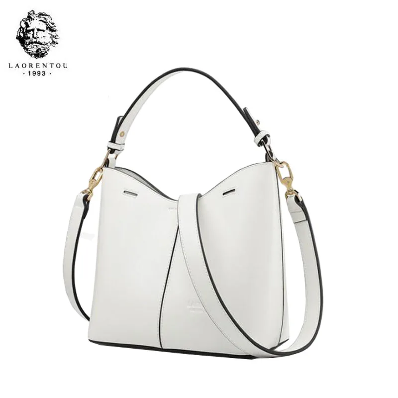 

LAORENTOU 2019 New Women Leather bags fashion women bag quality Cowhide Bucket bag tote women leather shoulder bag white