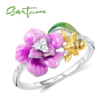 

SANTUZZA Silver Ring For Women 925 Sterling Silver Pink Flower Lovely Bee White CZ Party Fashion Jewelry Handmade Enamel