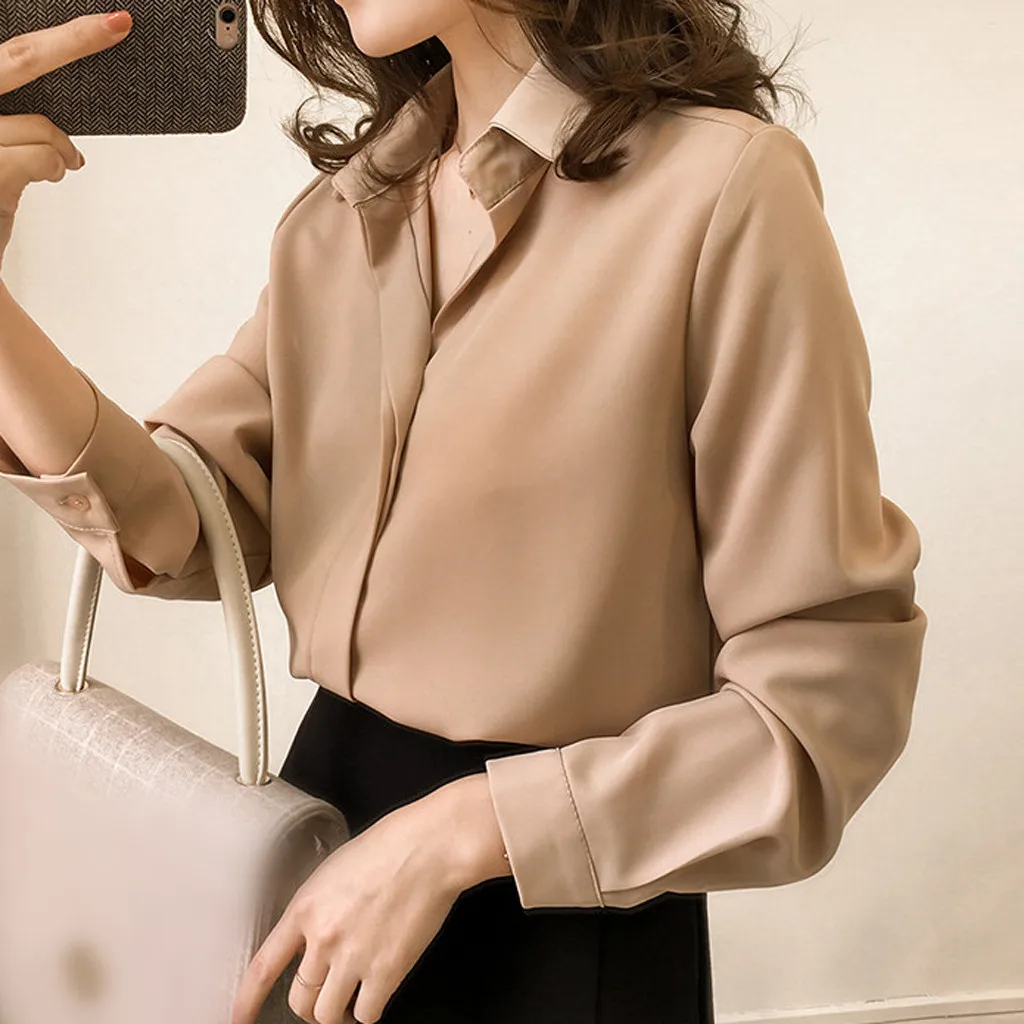 Women Blouse 2019 Women's Wear Simple Lapel Long Sleeve Chiffon Pure Color Shirt