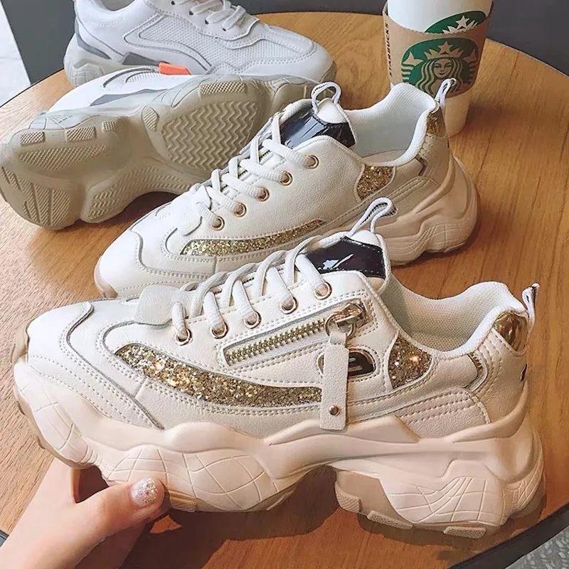 

Women's Chunky Sneakers Fashion Superstar Platform Shoes Crystal Chain Metal Decoration Vulcanize Shoes Women Trainers Dad Shoes