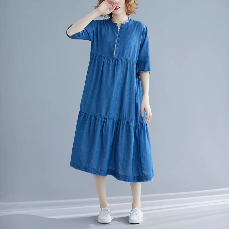 Denim blue Женское корейское стильное платье винтажные Лоскутные халаты джинсовые синие летние новые повседневные свободные женские платья - Цвет: Denim blue