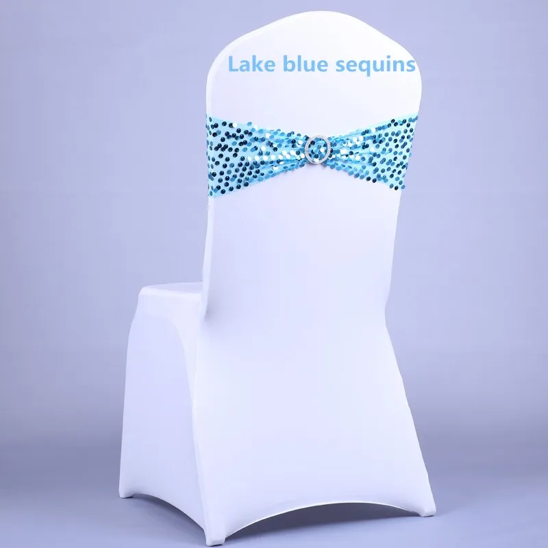 Эластичный спандекс блесток свадебный стул блесток пояса Блестящий стрейч стул пояса лента с круглой пряжкой для банкета свадебной вечеринки - Цвет: lake blue