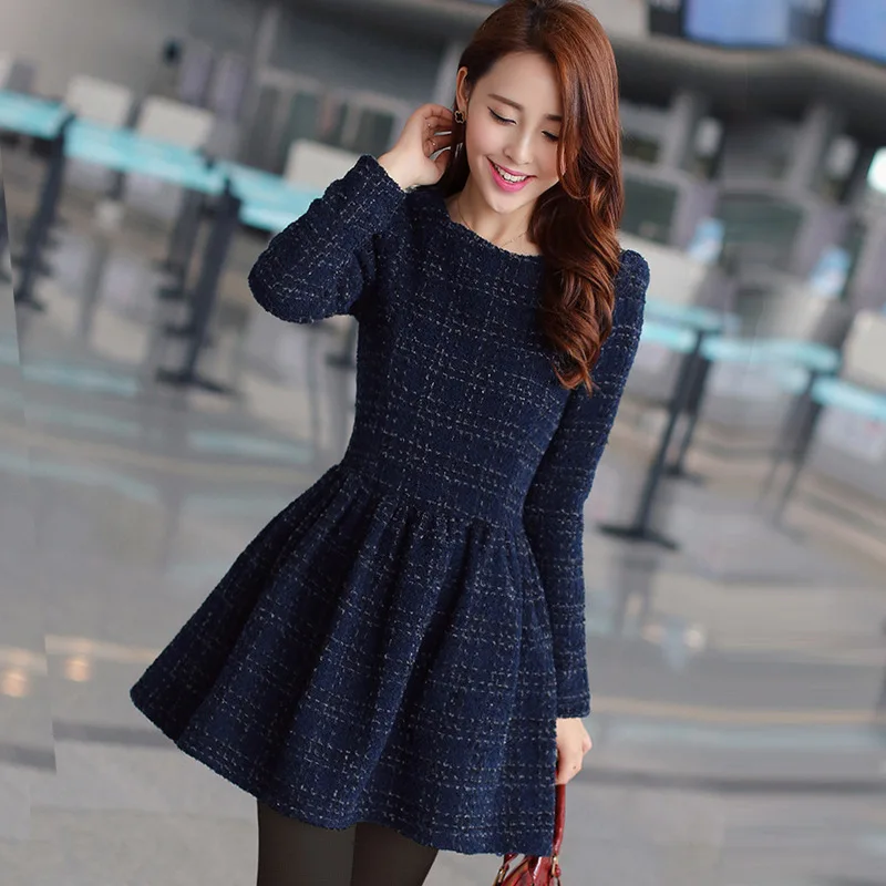 Women Autumn Winter Long Sleeve Warm Tweed Skater Dress Clothes