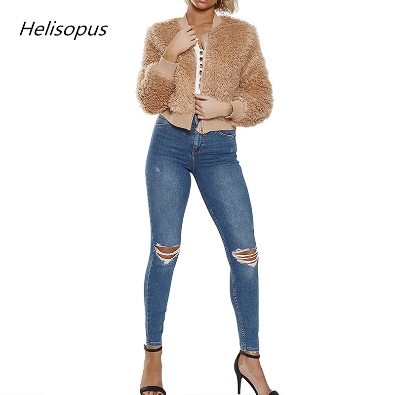 Helisopus 2019 Autumn Women Plush Outerwear Zip Up Suit Solid Color