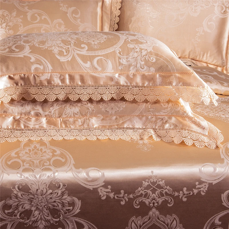 Waliicorners 4-Pcs gold silver lace Jacquard Bed Cover Queen King Size Luxury Bedding Set Silky Bedclothes Duvet Cover Bed Sheet set 32 4
