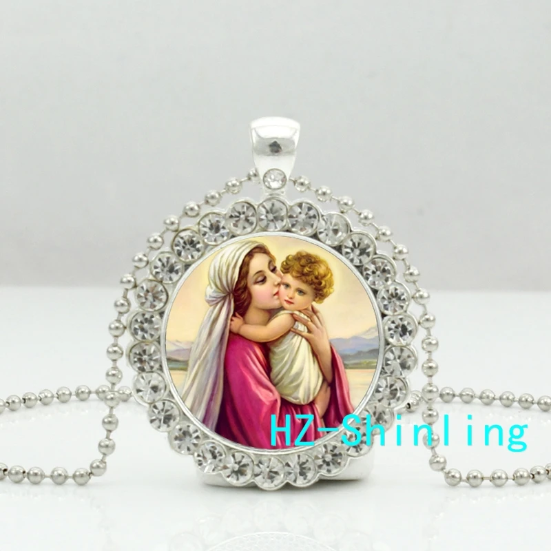 

--00251 New Vintage Mother Of Baby Necklace Vierge Crystal Pendant Art Painting Jewelry Jesus Glass Photo Necklaces Ball Chain