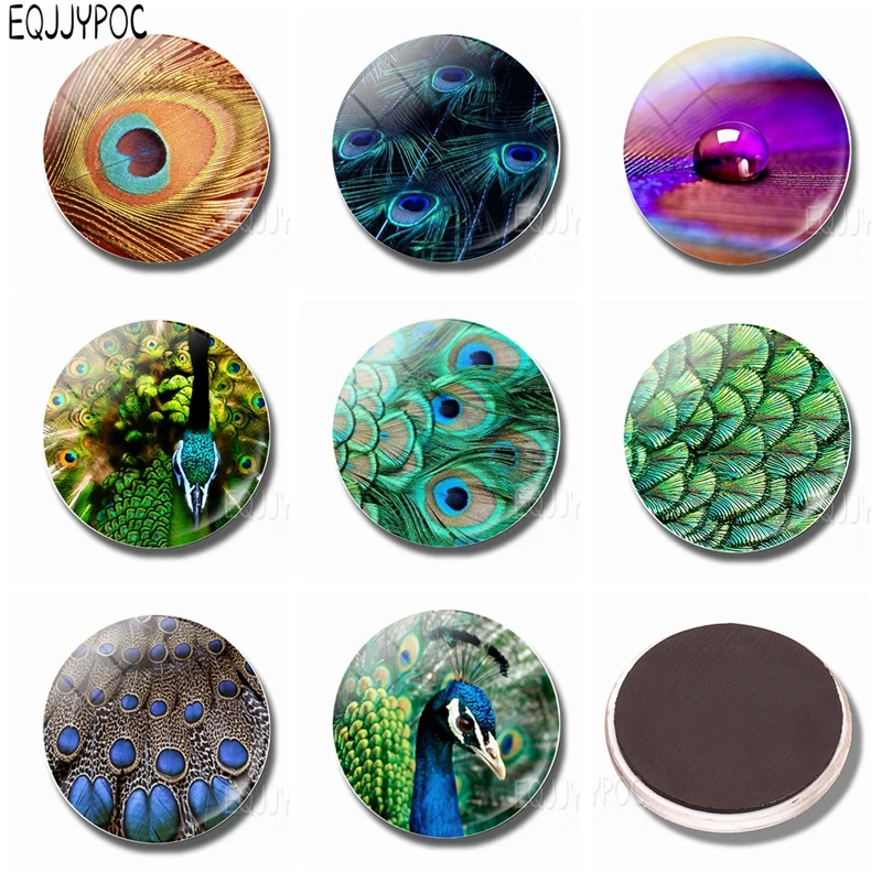 

Kingdom of Peacock Fridge Magnets 1pcs 30 MM Feather Glass Refrigerator Magnetic Stickers Animals Home Decoration