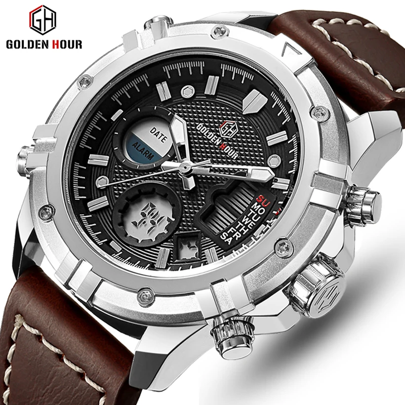 Baratos Relojes deportivos militares impermeables para hombre, marca de lujo, moda GOLDENHOUR, reloj de pulsera de cuero analógico de cuarzo para hombre, reloj Masculino