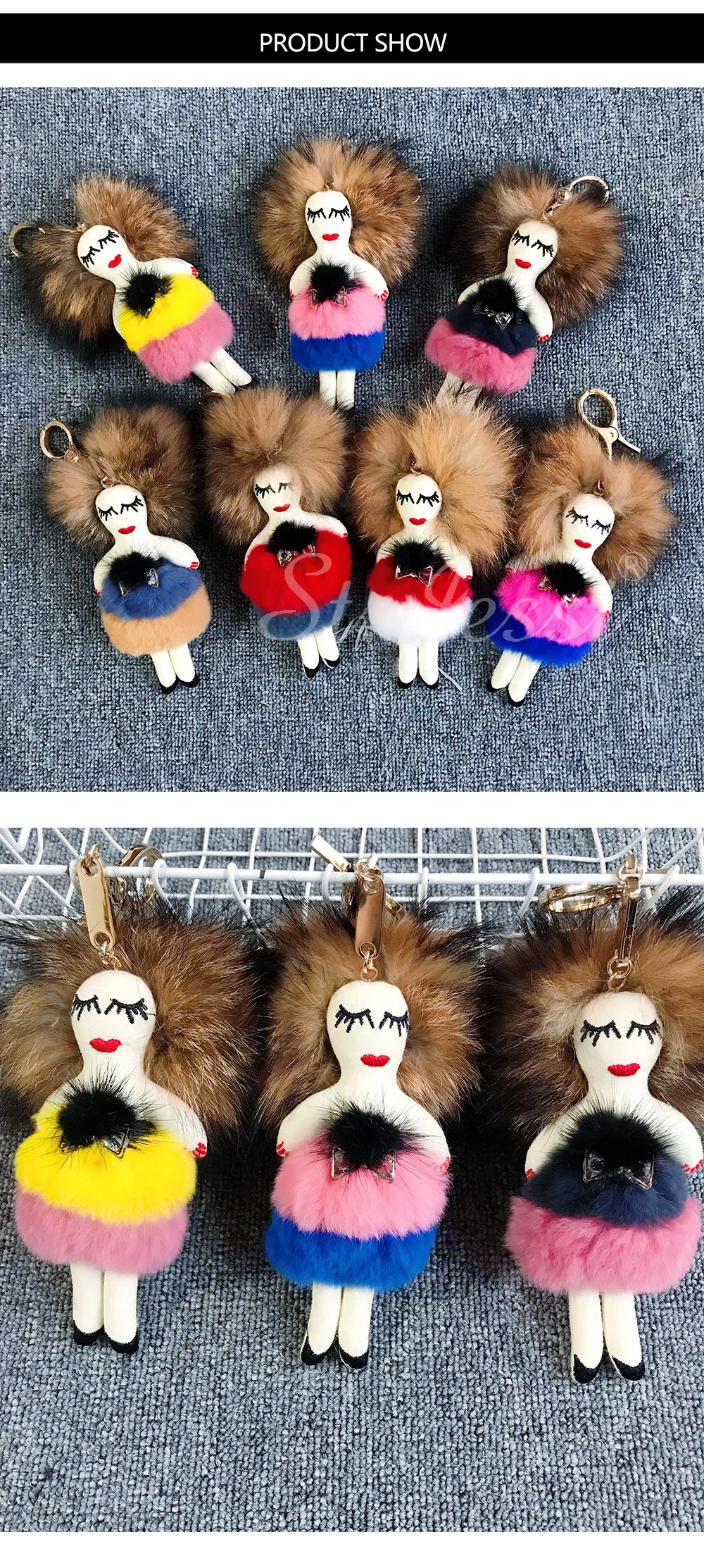 Modern Girl Grazy Women Real Rex Rabbit Fur Keychain Fluffy Doll Fur Pompon Bag Charm Keyring Luxury Car Key Pendant Accessories