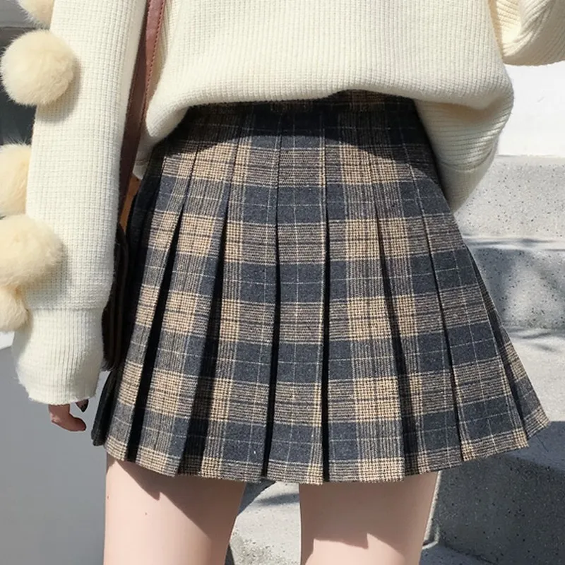 

Hairy Plaid Women's Skirt Vintage England Style Pleated Skirts Woman Fashion 2019 Autumn Winter Mini High Waist Skirts Womens
