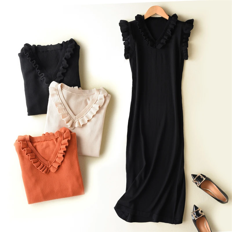 

adohon 2018 womens spring Cashmere Dresses and summer women knitted Long Vneck High Quality Female solid sweaters Sleeveless