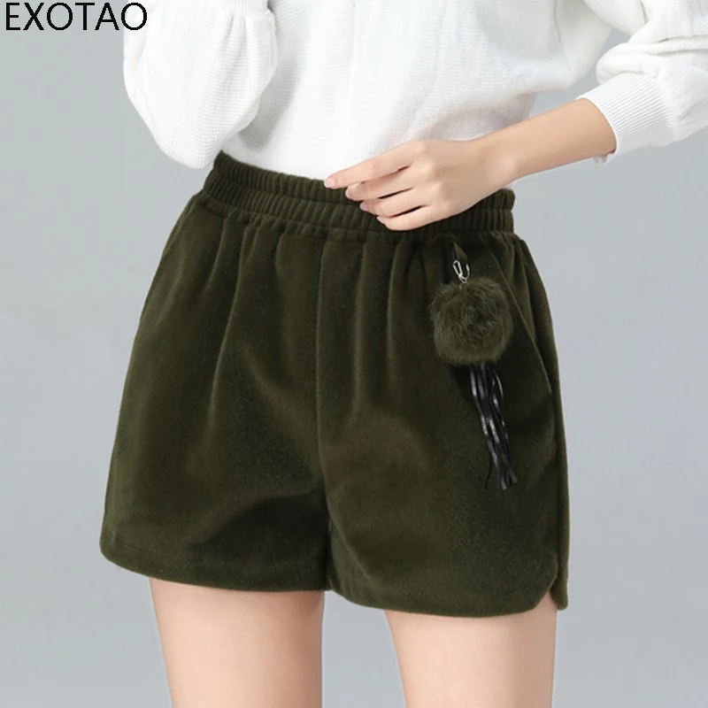 EXOTAO Elastic Empire Plush Shorts With Hairball Tassel Solid Basic