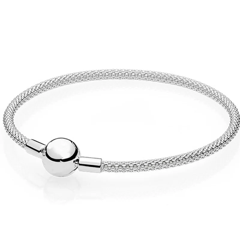 

New 925 Sterling Silver Bangle Snake Chain Basic Ball Clasp Mesh Bracelet Bangle Fit Women Bead Charm DIY Pandora Jewelry