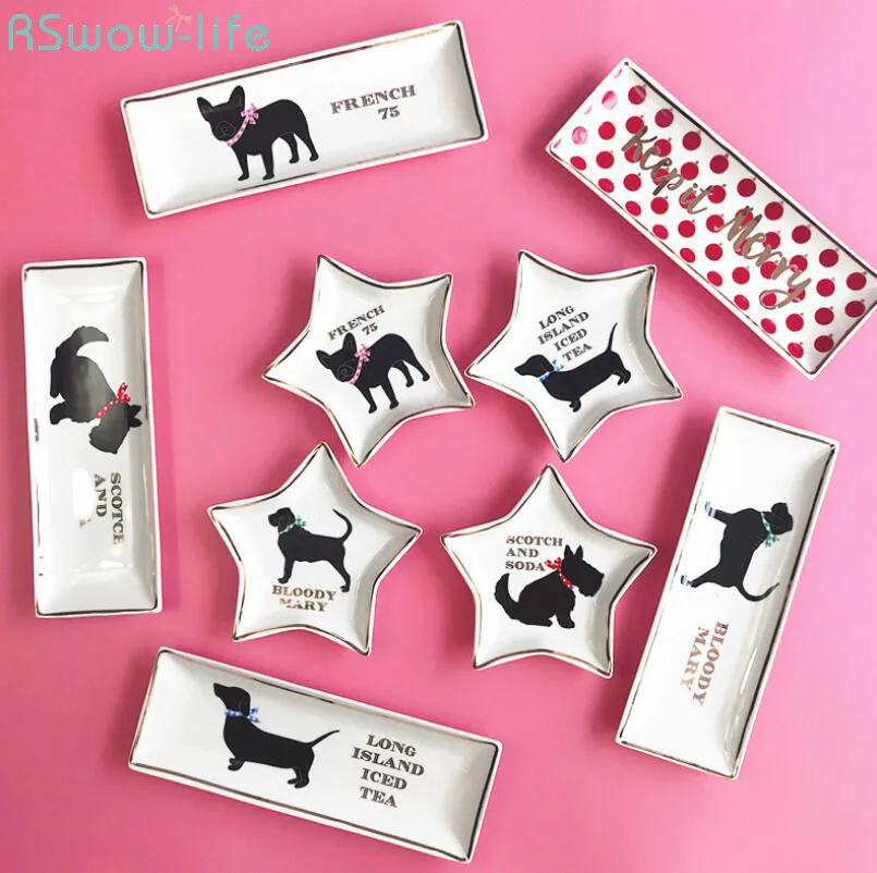 

Ceramic Dog Gold Rim Decorative Storage Tray Dessert Towel Rectangular Pentagonal Star Dish Home Kitchen Supplies
