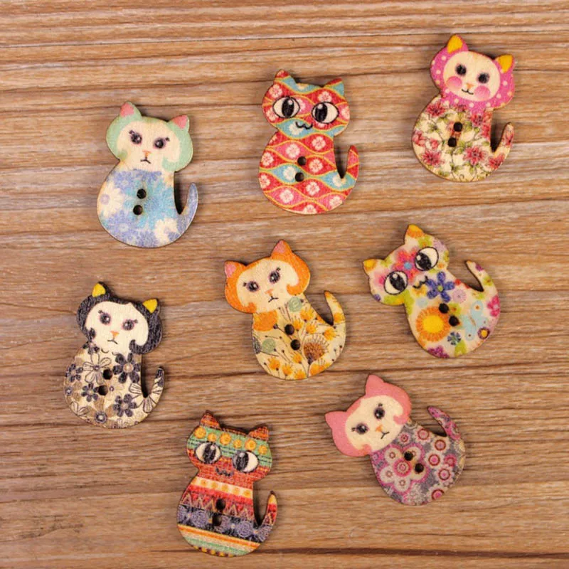

50Pcs Cute Colorful Random Mixed 2 Holes Painting Cat Wooden Buttons Sewing Scrapbooking 27x20mm Fa52