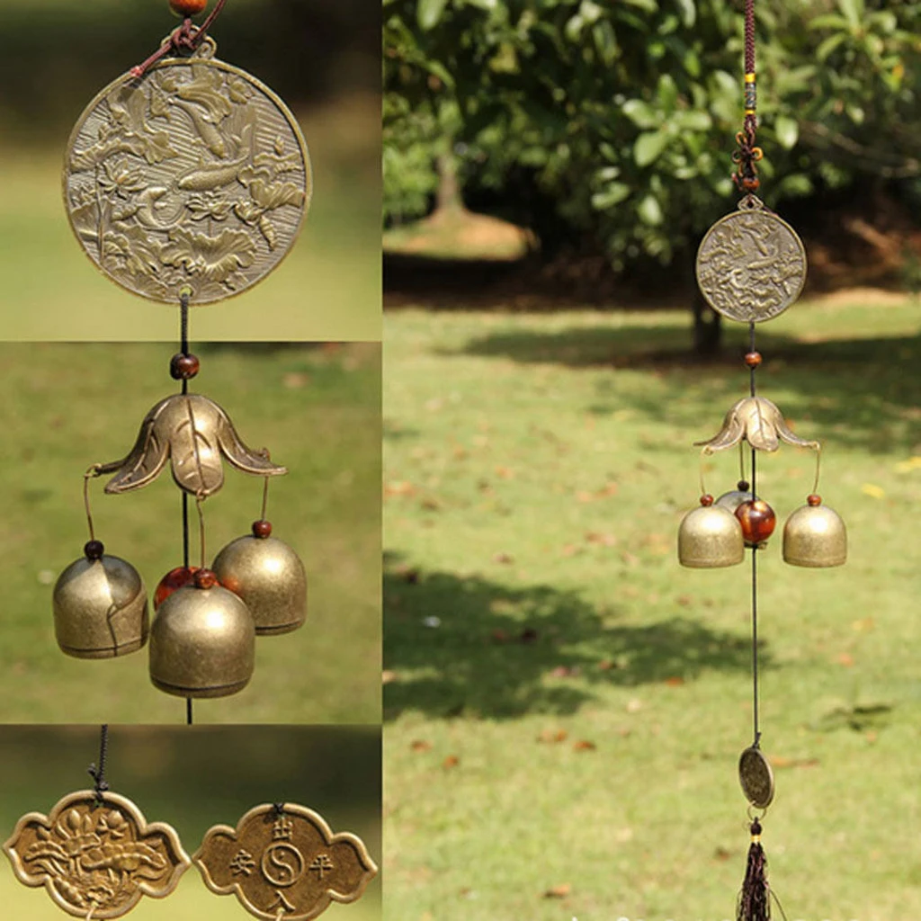 Chinese Fish Lotus Pond Metal Bell Lucky Feng Shui Hanging Charm Wind Chime