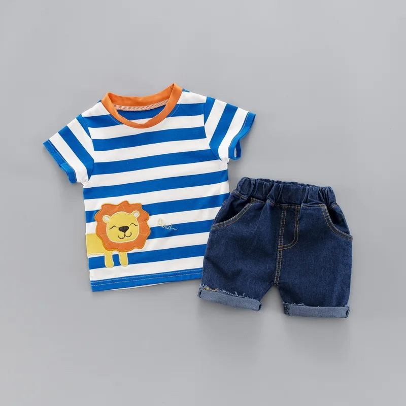 Модный летний комплект одежды в полоску для маленьких мальчиков, футболка с короткими рукавами+ джинсовый костюм, детская одежда, одежда для мальчиков 1, 2, 3, 4 лет