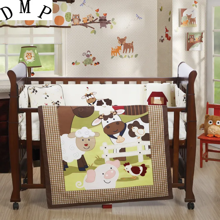 7PCS Embroidery baby cot bedding set cotton baby bumper baby cot sets