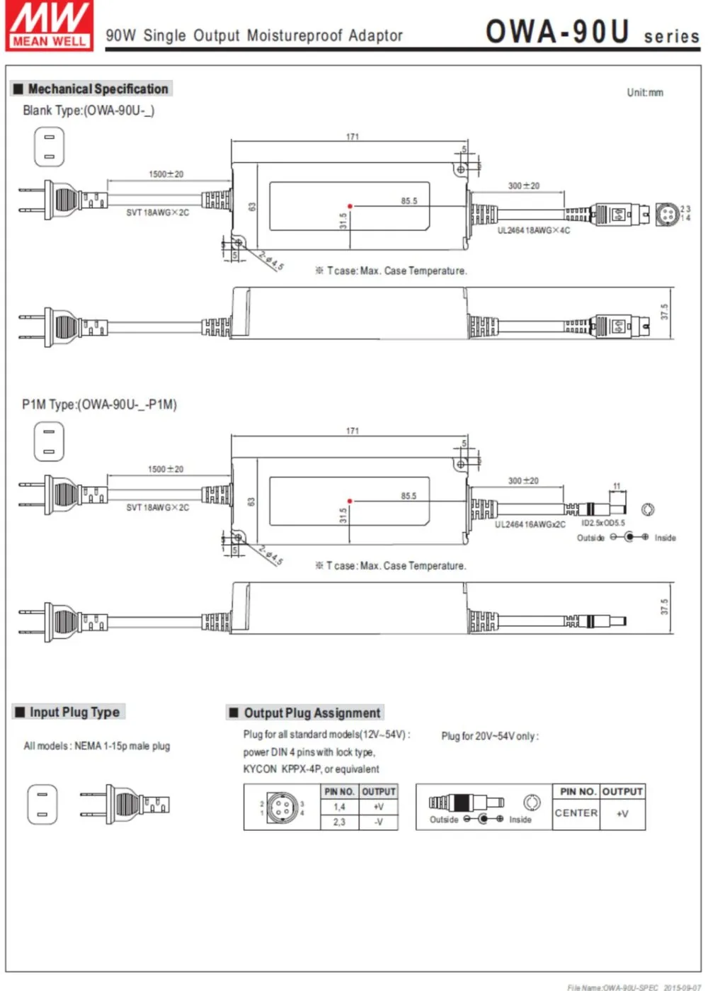 Owa-90u-54 54 В-1.67a IP67 90 Вт led Meanwell адаптер питания Водонепроницаемый