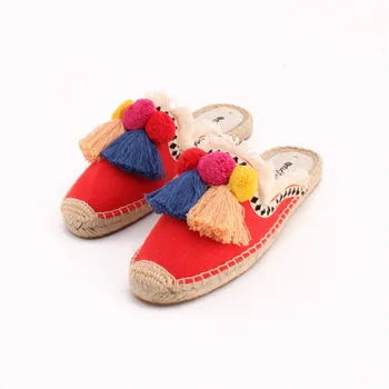 

summer new women shoes female flat bottom linen half drag female sandals fur ball casual outside wear women slippers