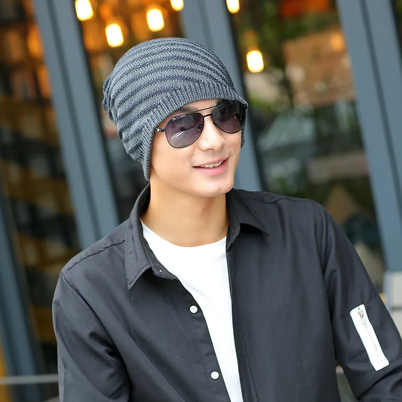 Новые мужские синий кофе серый бежевый Skullies шапочки на осень-зиму полосатый капот корейский взрослых Модная хлопковая шапка для мужчин