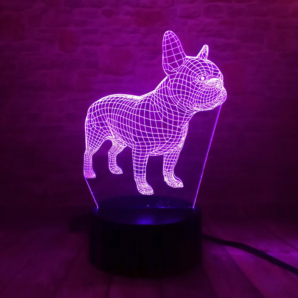 Французский бульдог 3D светодиодный ночник 7 цветов USB голограмма настольная
