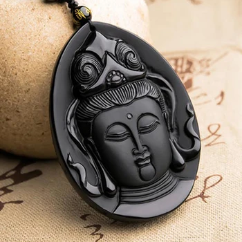 

Elegant style of pure hand-carved black kwan-yin head pendant bead string necklace charm men's and women's style