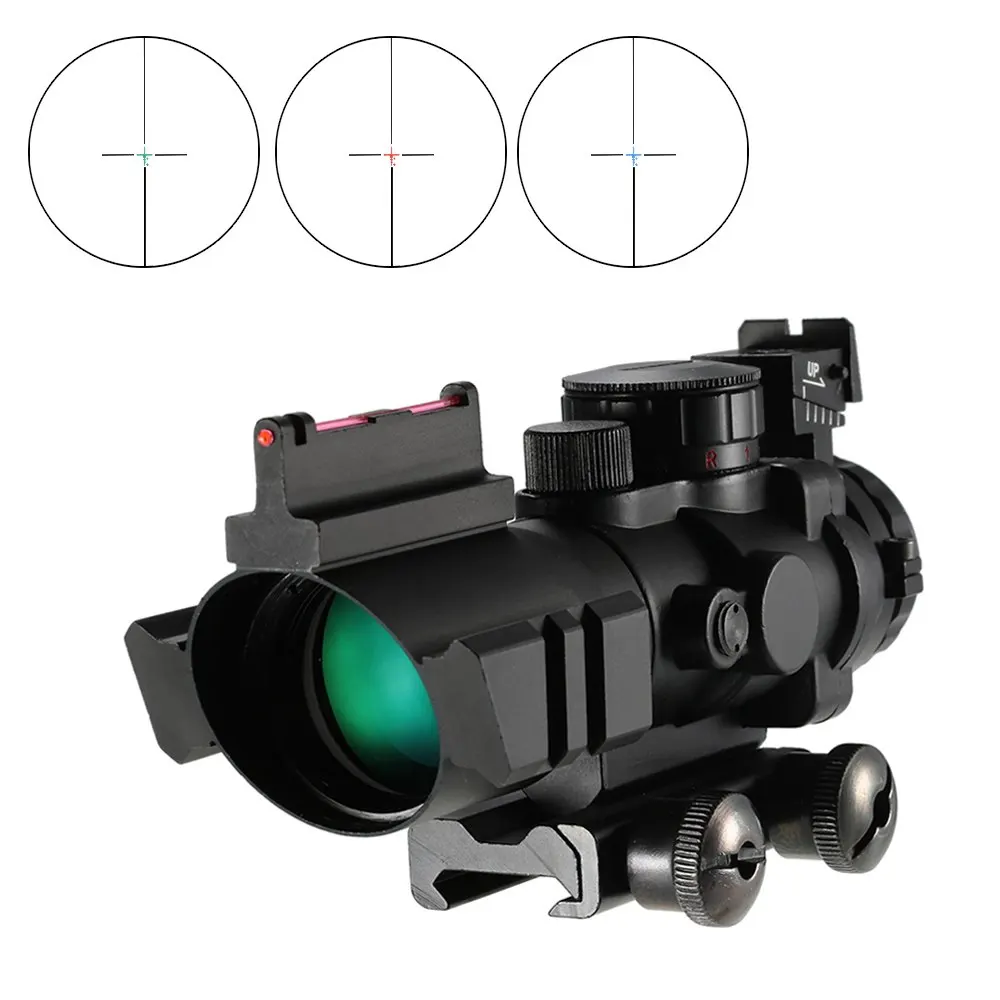 

4x32 Prism Red/Green/Blue Tri-Illuminated Tactical Reticle Riflescope Fiber Optic Sight Compact Hunting Scope