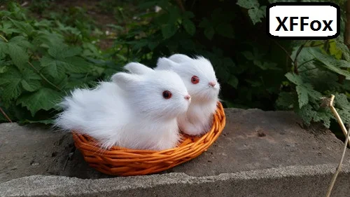 

cute real life rabbit models plastic&furs white rabbit doll in a basket home decoration gift about 10x7x7cm xf1946