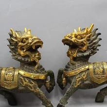002443 1" китайская Бронзовая позолота народная фэн-шуй Kylin Chi-lin Qilin Статуэтка скульптура пара