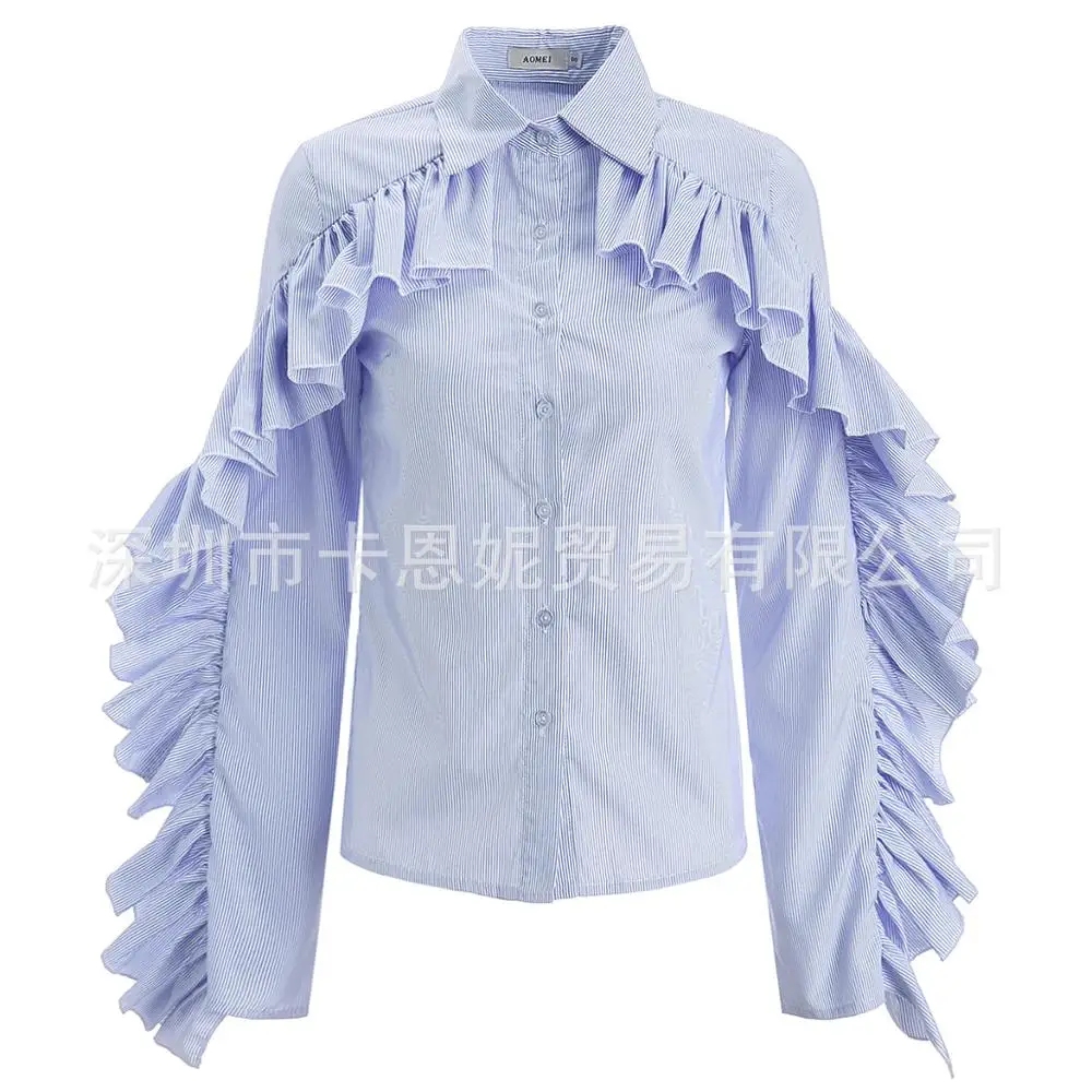 Весенняя женская небесно-голубая Хлопковая полосатая рубашка Мужская Уличная Блузка с оборками Большие размеры, S-3XL