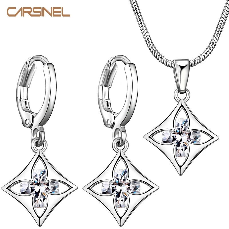 

CARSINEL Zircon Square Flower Jewelry Sets Clear Hoop Earring Pendant Necklace Charm Jewelry Set Silver color Jewelry for Women
