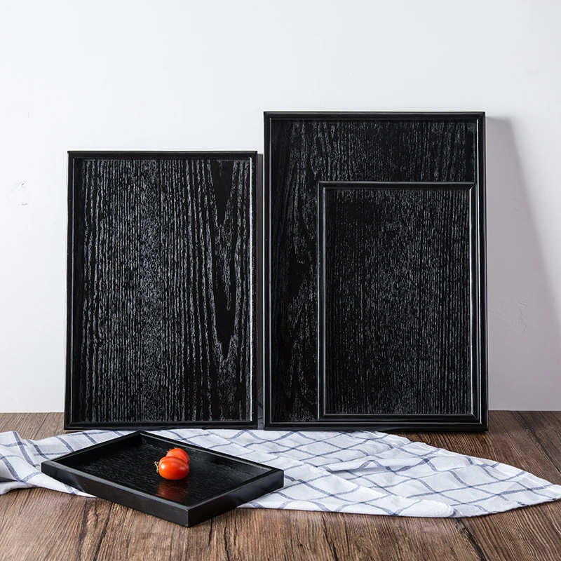 

Japan Style Black Rectangular Solid Wood Tray Hotel Supplies Wooden Tea Plate Dinner Wooden Platter Storage Tray