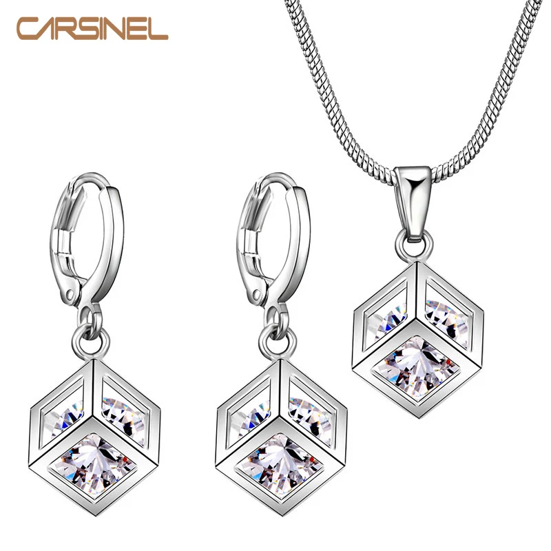 

Fashion Lattice Cube Jewelry Sets for Women Silver color 8mm Cubic Zircon Necklace Hoop Earrings Bridal Jewelry Sets Wholesale