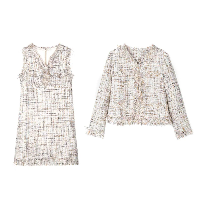 

PERHAPS U women set tweed two pieces set sleeveless tank dress white mini dress with jacket suit T0138