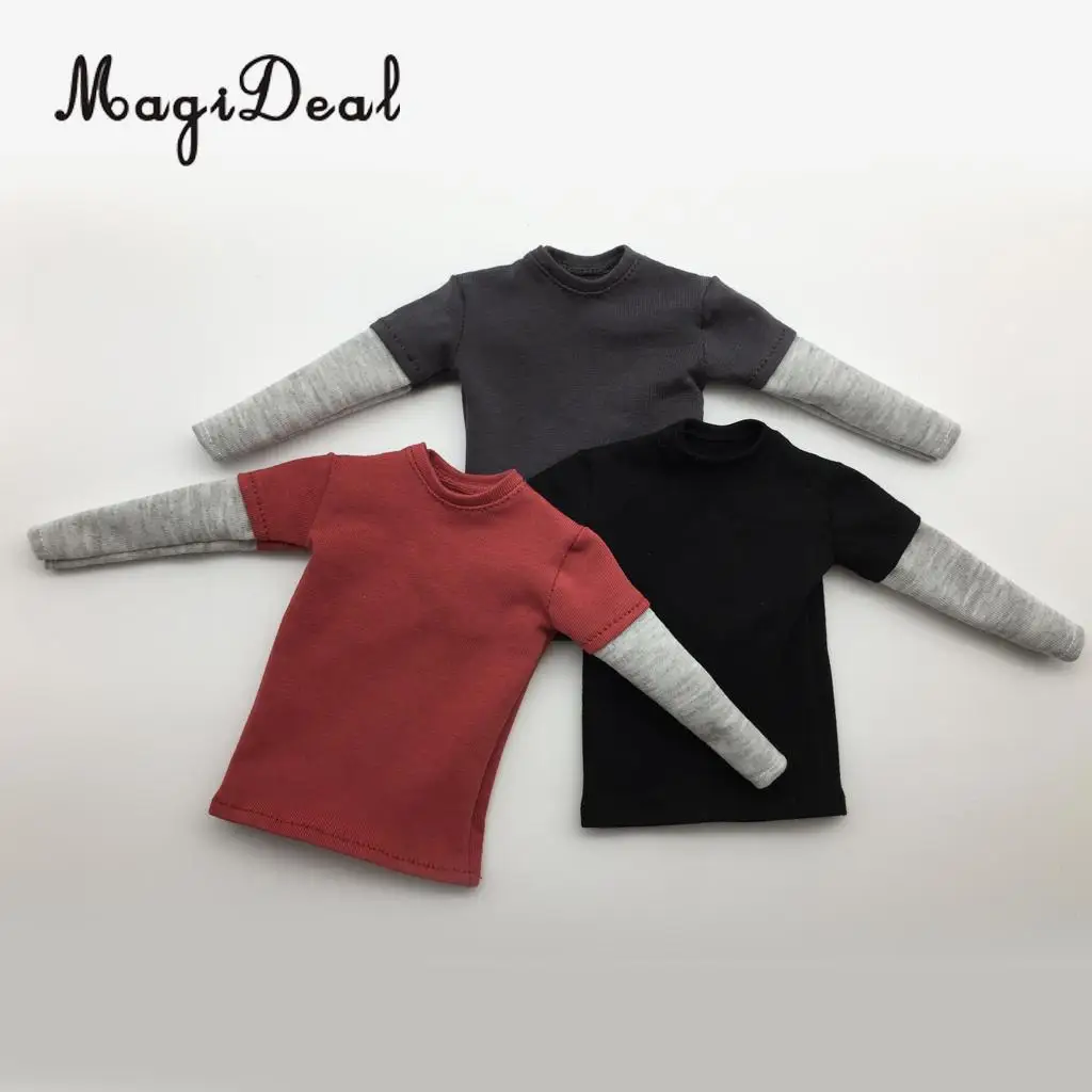 MagiDeal 1/6 Scale Mens Red Double Sleeve Long T-shirt Clothes for 12 Inch Male Action Figure Body   3Colors