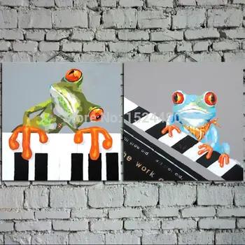 

Hand Painted High Quality Wall Art Picture Abstract Animal Oil Painting On Canvas Lovely Frog Playing Piano For Home Decoration